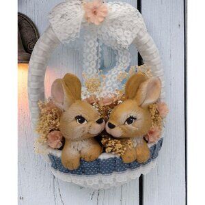 Vintage Ceramic Bunny Rabbit in Basket Wall Hanging Cottagecore Shabby Lace